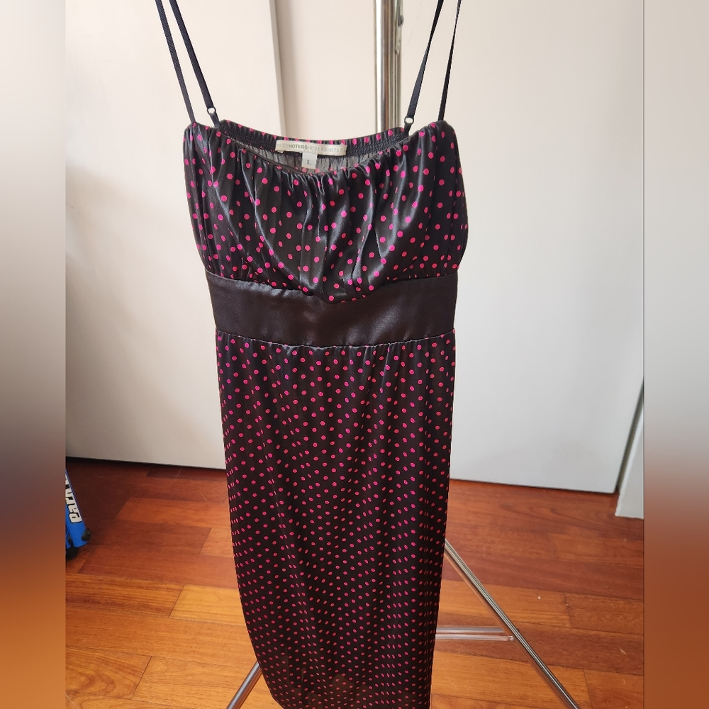 Women's spaghetti strap black with pink polka dot dress